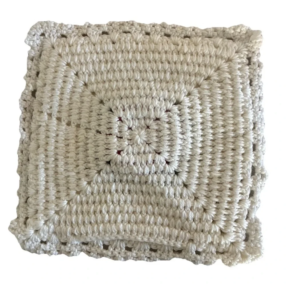 Vintage Pillow Case White Crochet Rose Appliqué Throw Pillow 14x14